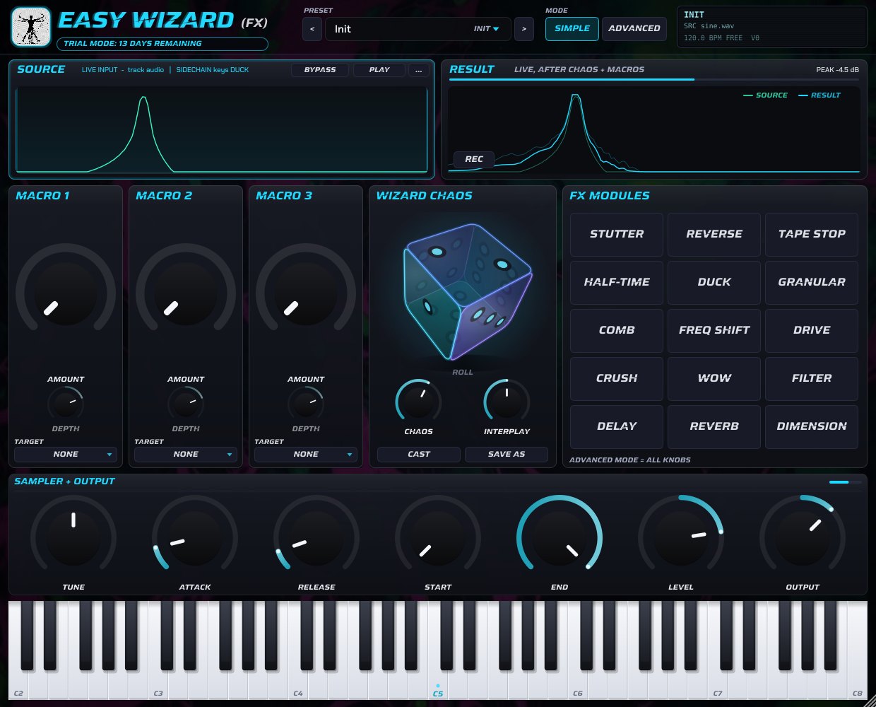 Easy Wizard (Fx) interface in Simple mode: live track input, three macros, the Wizard Chaos cube and a grid of 15 FX modules