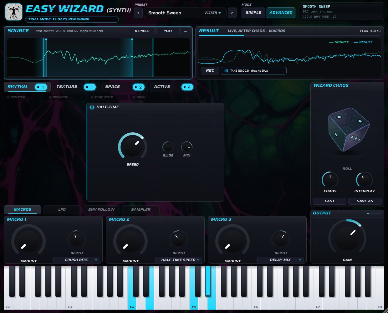 Easy Wizard (Synth) interface: source and result waveforms, Rhythm, Texture and Space module tabs, the Wizard Chaos cube, macros and a keyboard